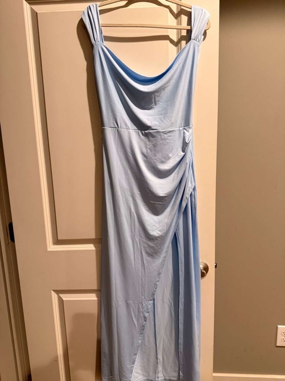Hello Molly Pale Blue Draped Backless Evening Gown
